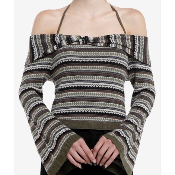 Thorn & Fable Green & Brown Stripe Halter Long-Sleeve Top Sweater Juniors L NWT - Picture 1 of 8